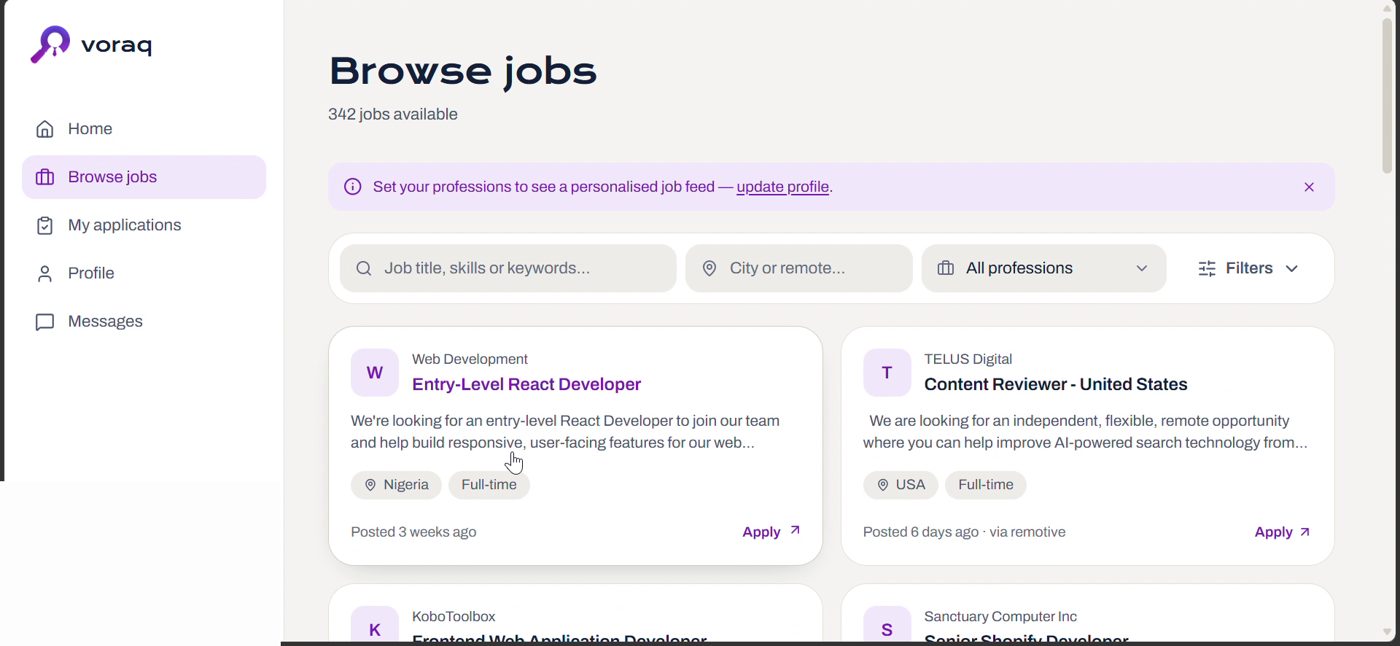 Voraq job search screen